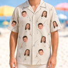 Model wearing Men's Fishing Frenzy Custom Face Hawaiian Shirt printed with kids' faces