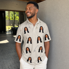 Real-life photo of someone wearing Men's Fishing Frenzy Custom Face Polo Shirt — custom faces printed all-over