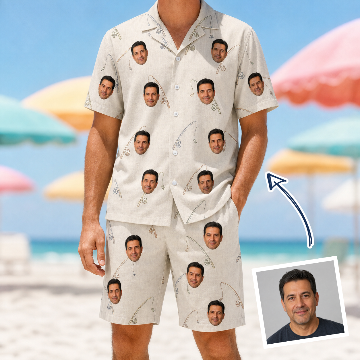 Man wearing Men's Fishing Frenzy Custom Face Shirt & Shorts Set — custom faces printed all-over