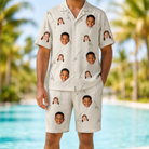 Model wearing Men's Fishing Frenzy Custom Face Shirt & Shorts Set printed with kids' faces