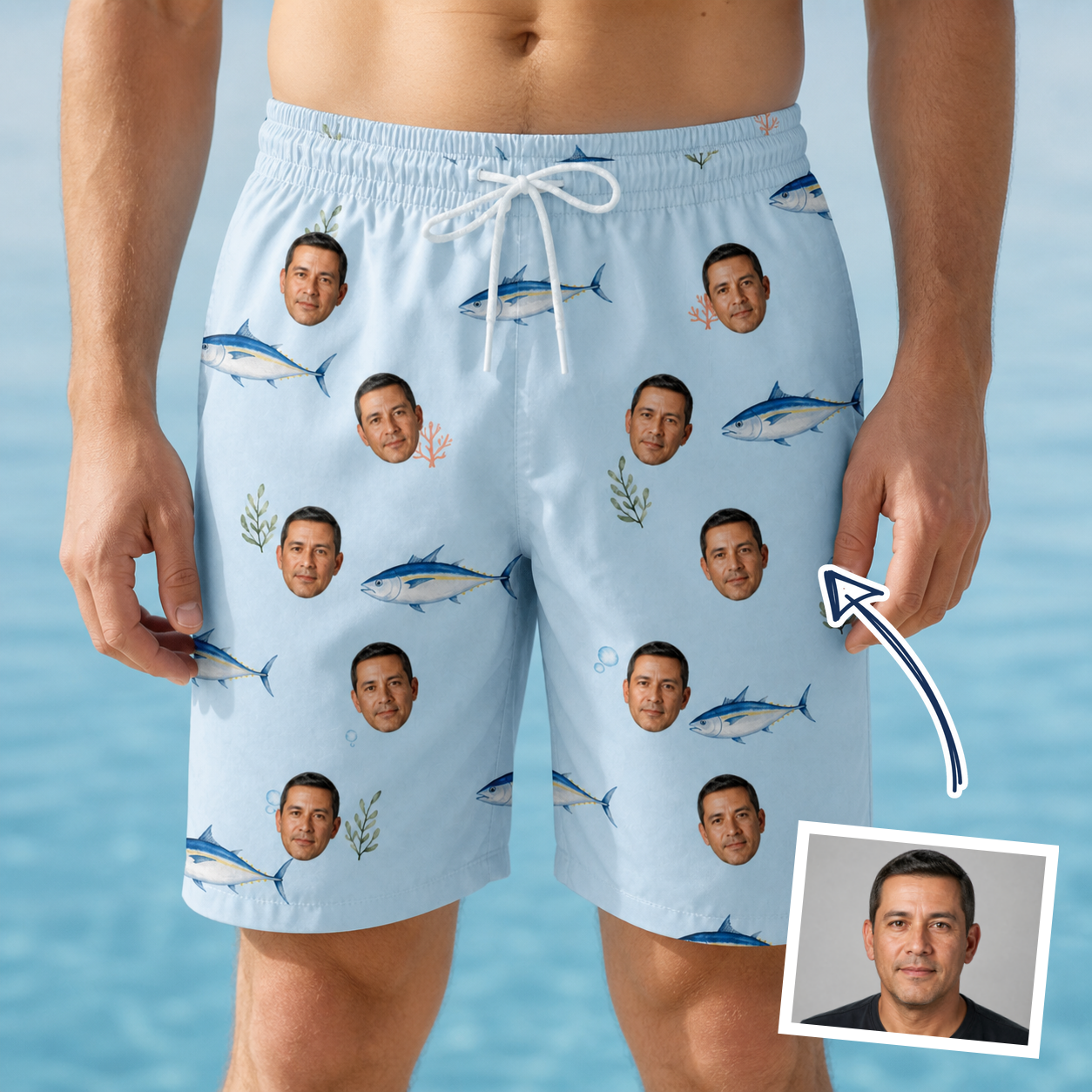 Man wearing Men's Pelagic Prowess Custom Face Beach Shorts — custom faces printed all-over