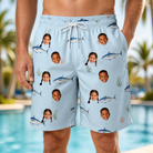 Model wearing Men's Pelagic Prowess Custom Face Beach Shorts printed with kids' faces