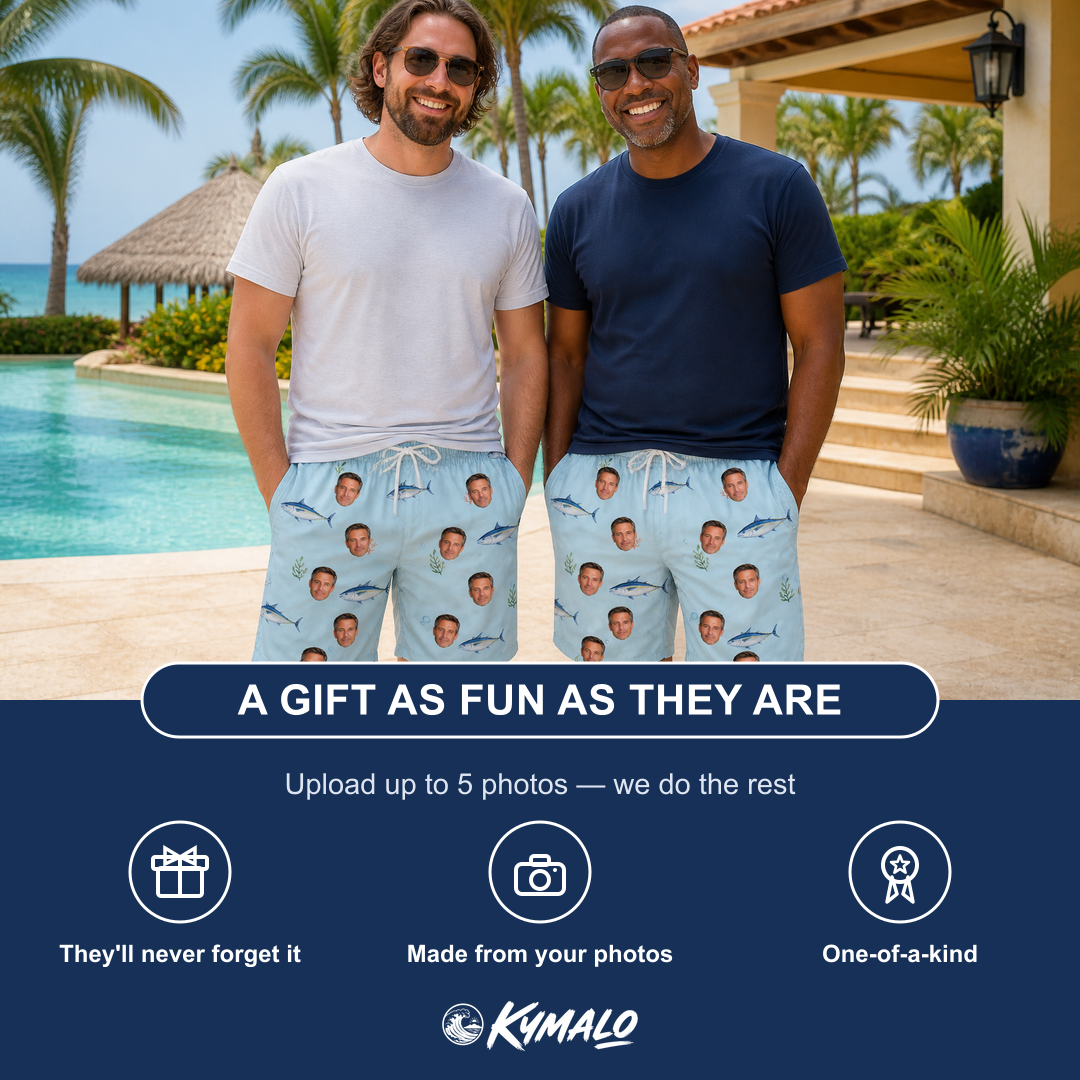 Friends in matching Men's Pelagic Prowess Custom Face Beach Shorts — a group gift photo