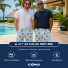Friends in matching Men's Pelagic Prowess Custom Face Beach Shorts — a group gift photo
