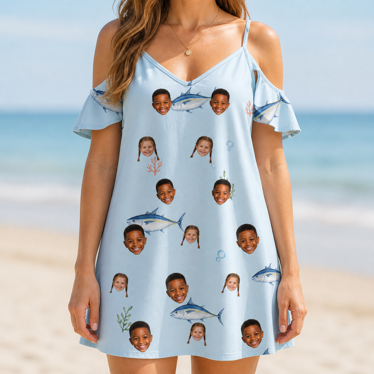 Model wearing Women's Pelagic Prowess Custom Face Off-Shoulder Dress printed with kids' faces