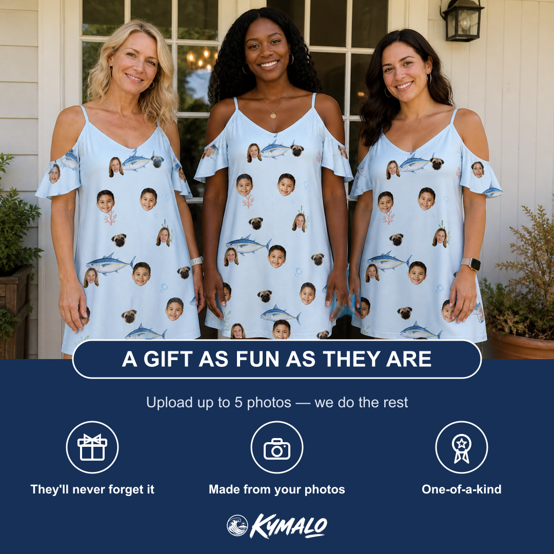 Friends in matching Women's Pelagic Prowess Custom Face Off-Shoulder Dress — a group gift photo