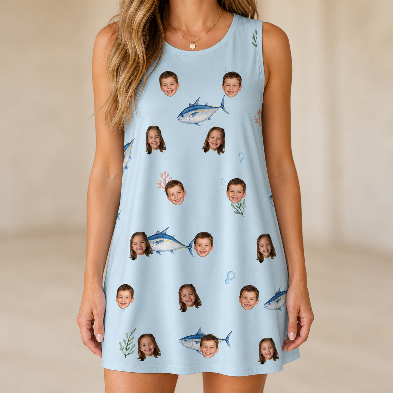 Model wearing Women's Pelagic Prowess Custom Face Tank Dress printed with kids' faces