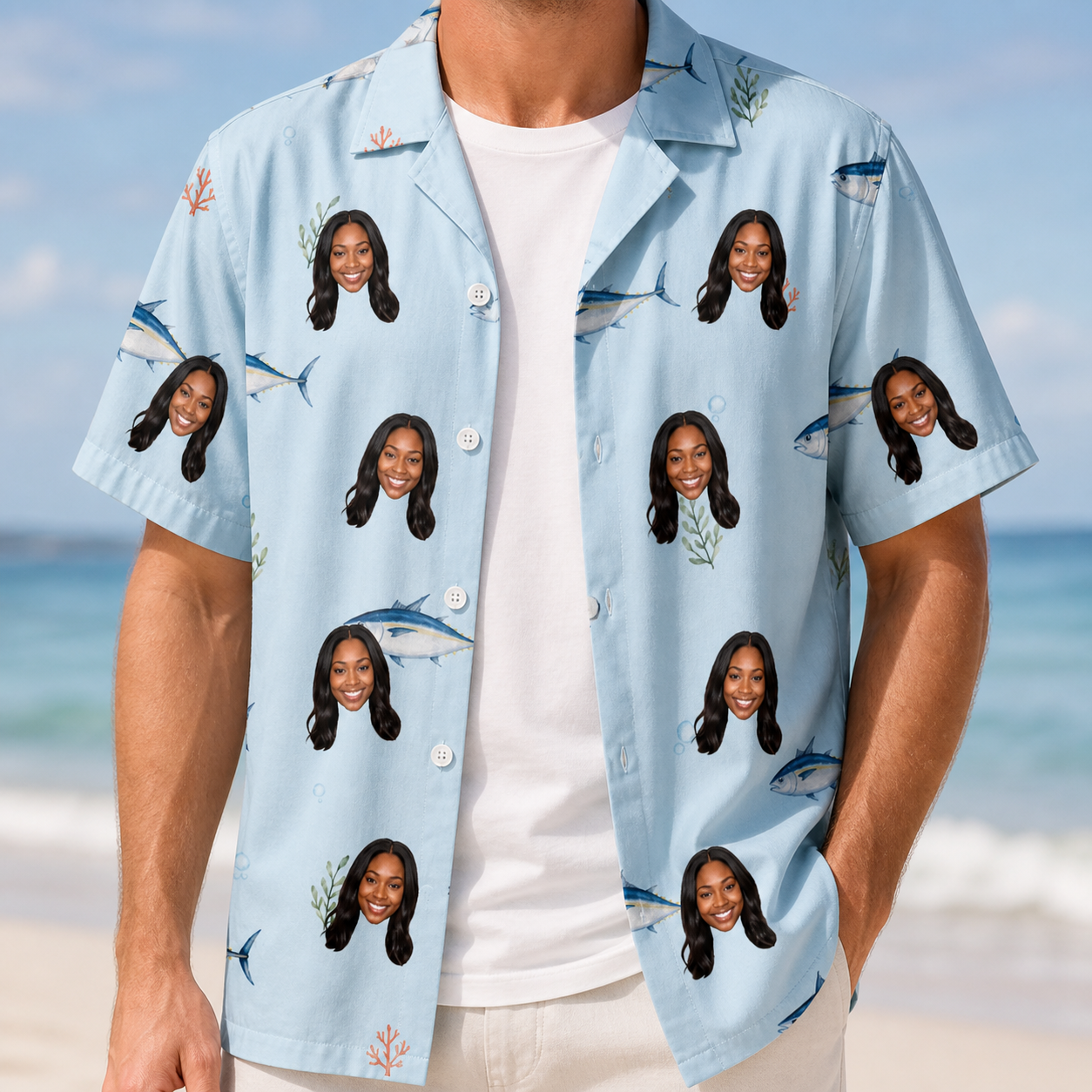 Man wearing Men's Pelagic Prowess Custom Face Hawaiian Shirt open over a white tee