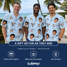 Friends in matching Men's Pelagic Prowess Custom Face Hawaiian Shirt — a group gift photo