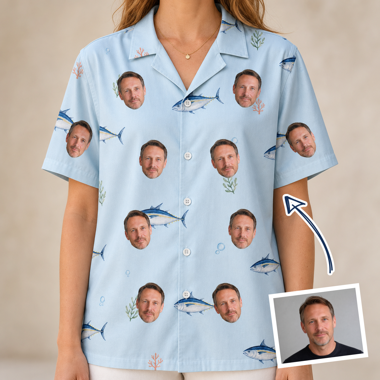 Woman wearing Women's Pelagic Prowess Custom Face Hawaiian Shirt — custom faces printed all-over