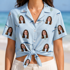 Woman wearing Women's Pelagic Prowess Custom Face Hawaiian Shirt tied at the waist