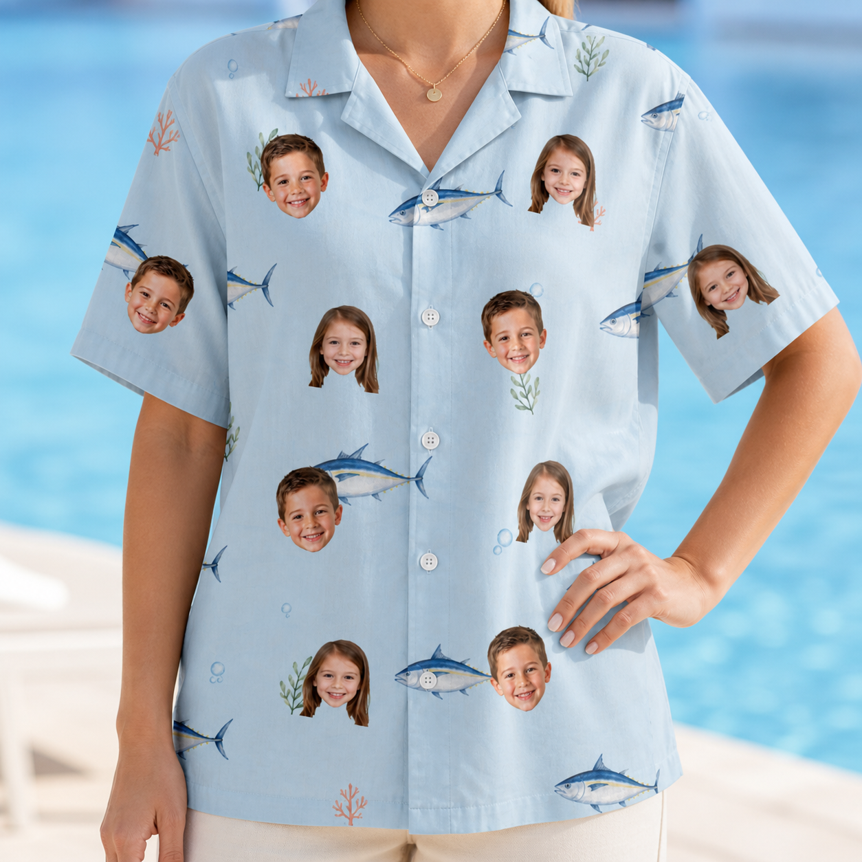 Model wearing Women's Pelagic Prowess Custom Face Hawaiian Shirt printed with kids' faces