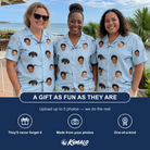 Friends in matching Women's Pelagic Prowess Custom Face Hawaiian Shirt — a group gift photo