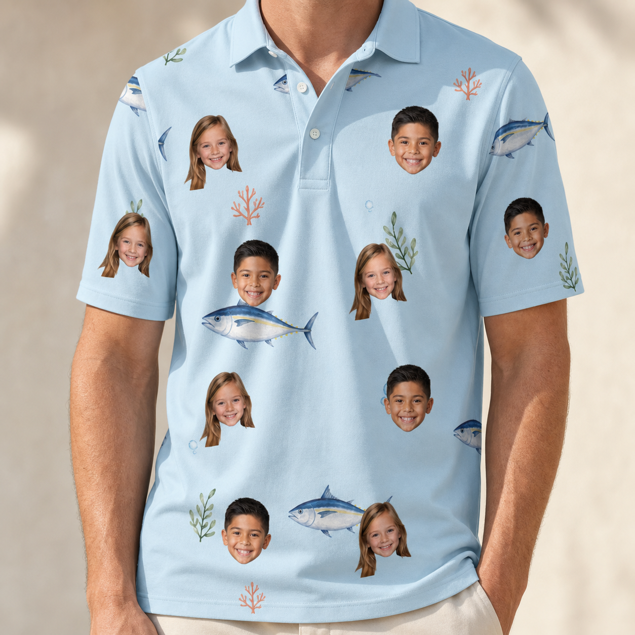 Model wearing Men's Pelagic Prowess Custom Face Polo Shirt printed with kids' faces