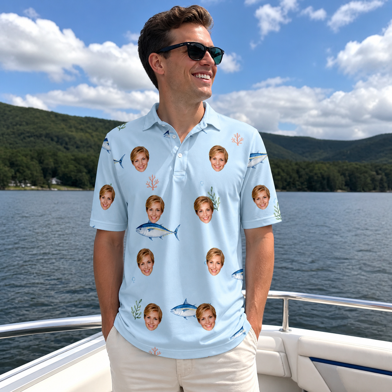 Real-life photo of someone wearing Men's Pelagic Prowess Custom Face Polo Shirt — custom faces printed all-over