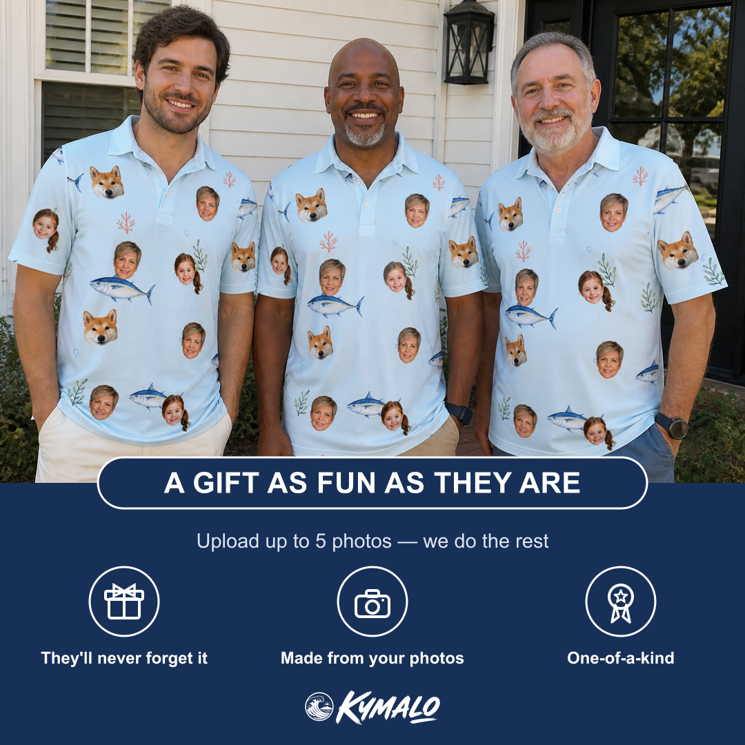 Friends in matching Men's Pelagic Prowess Custom Face Polo Shirt — a group gift photo