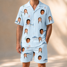 Model wearing Men's Pelagic Prowess Custom Face Shirt & Shorts Set printed with kids' faces