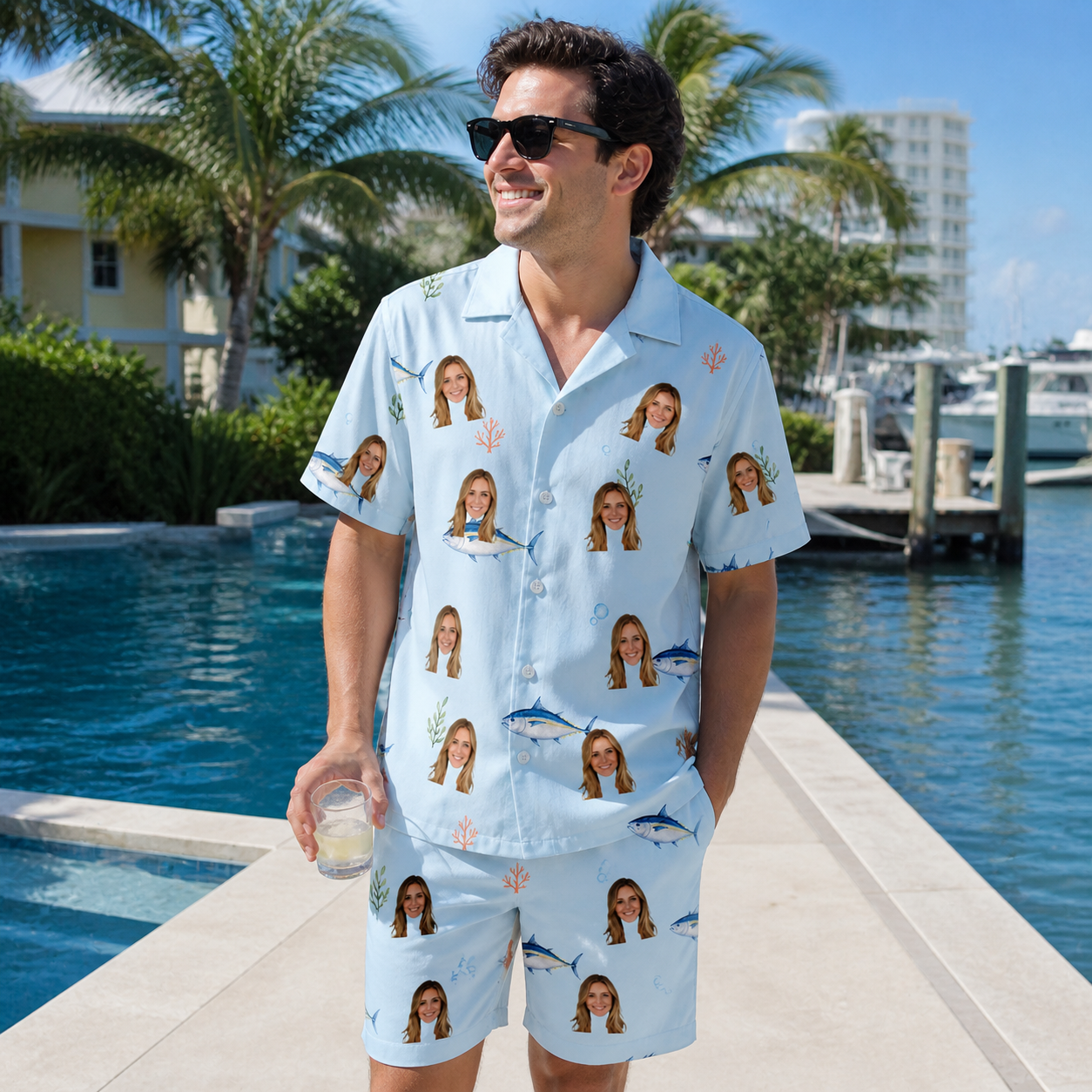 Real-life photo of someone wearing Men's Pelagic Prowess Custom Face Shirt & Shorts Set — custom faces printed all-over