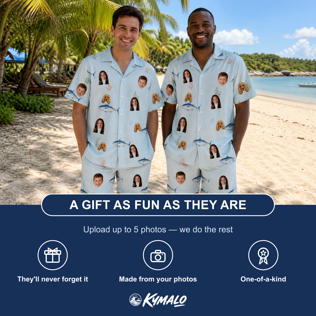 Friends in matching Men's Pelagic Prowess Custom Face Shirt & Shorts Set — a group gift photo