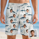 Man wearing Men's Castaway Catch Custom Face Beach Shorts — custom faces printed all-over