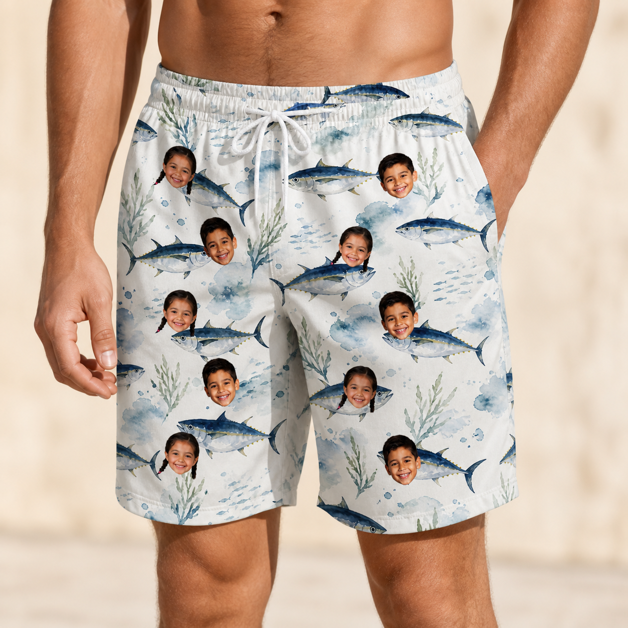Model wearing Men's Castaway Catch Custom Face Beach Shorts printed with kids' faces