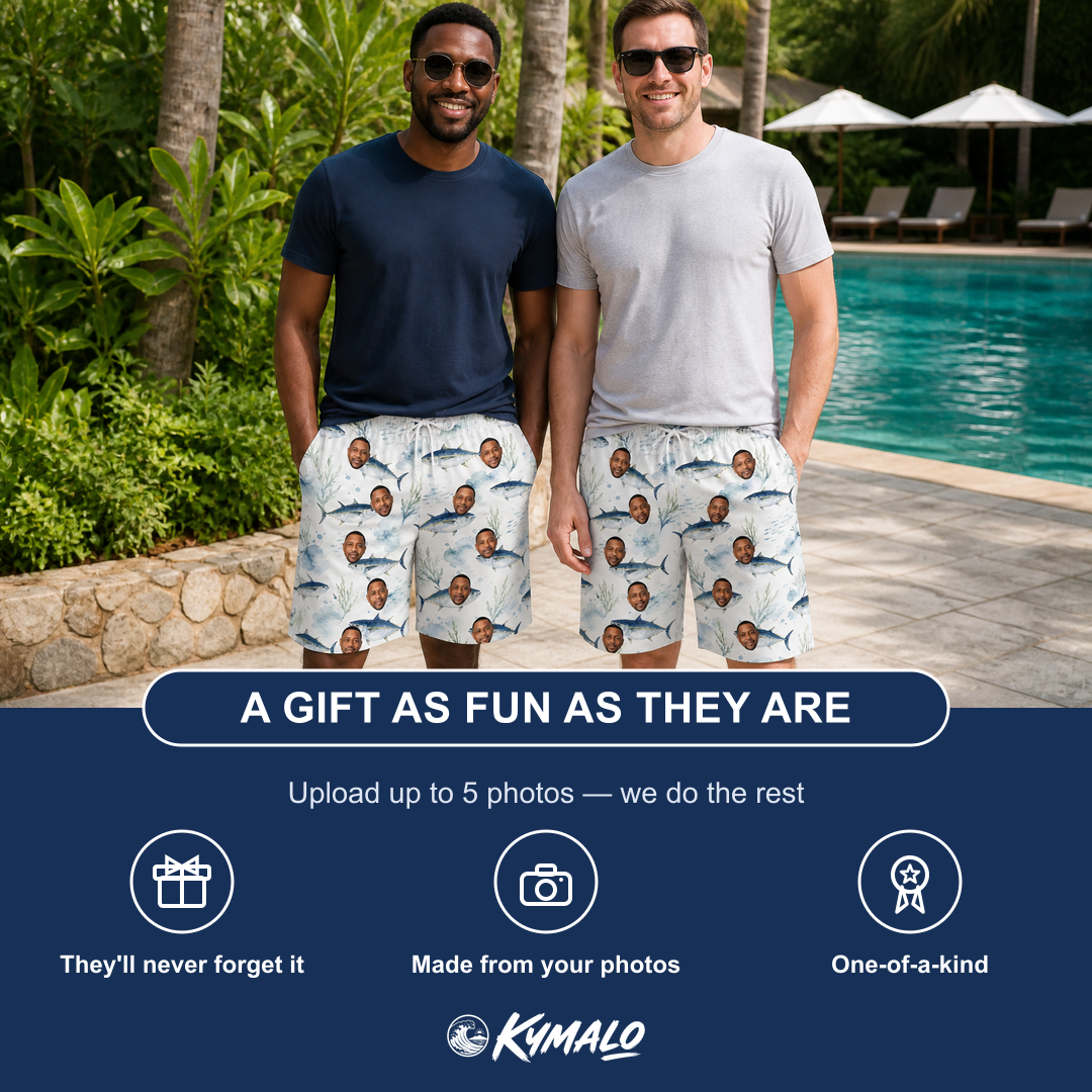 Friends in matching Men's Castaway Catch Custom Face Beach Shorts — a group gift photo