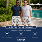 Friends in matching Men's Castaway Catch Custom Face Beach Shorts — a group gift photo