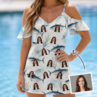 Woman wearing Women's Castaway Catch Custom Face Off-Shoulder Dress — custom faces printed all-over