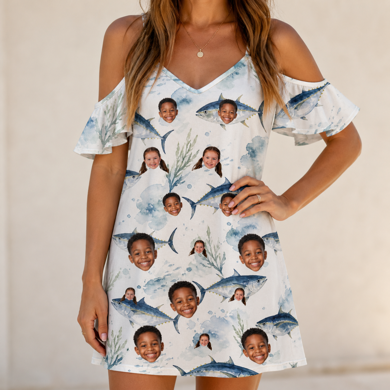 Model wearing Women's Castaway Catch Custom Face Off-Shoulder Dress printed with kids' faces