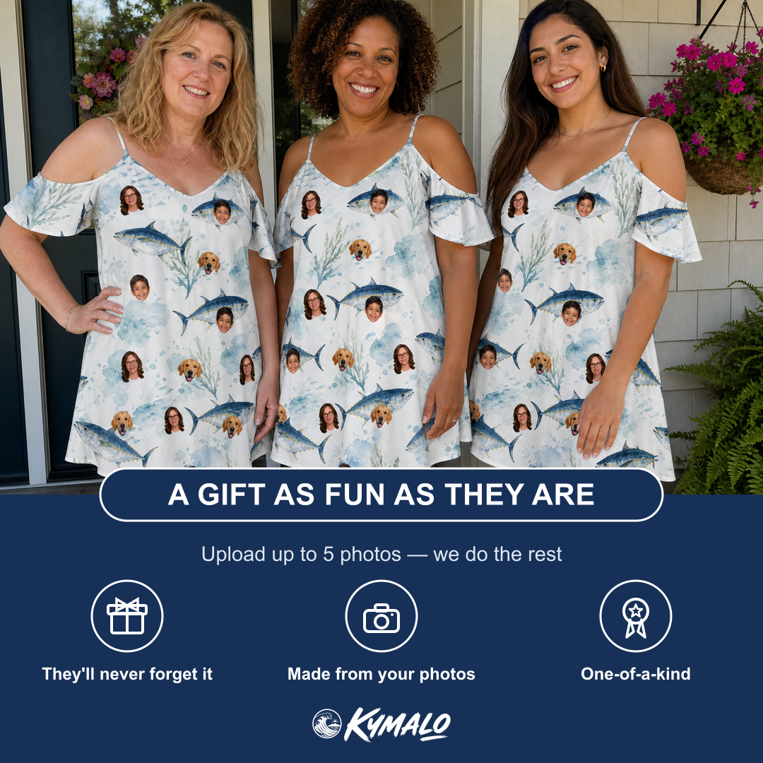 Friends in matching Women's Castaway Catch Custom Face Off-Shoulder Dress — a group gift photo