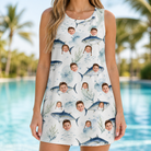 Model wearing Women's Castaway Catch Custom Face Tank Dress printed with kids' faces