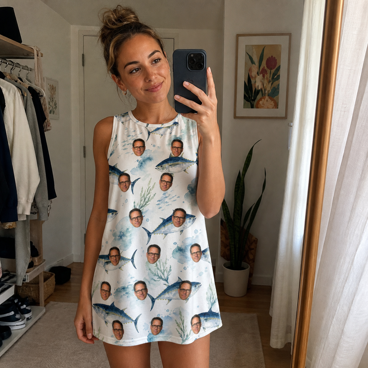 Real-life photo of someone wearing Women's Castaway Catch Custom Face Tank Dress — custom faces printed all-over