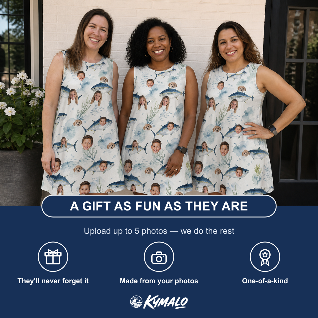 Friends in matching Women's Castaway Catch Custom Face Tank Dress — a group gift photo