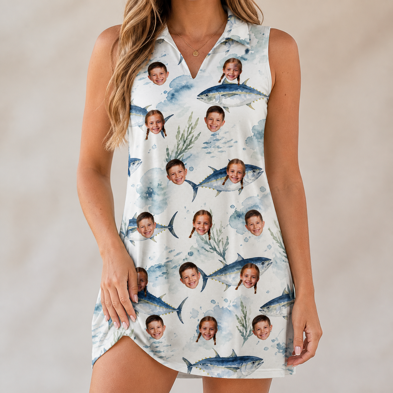 Model wearing Women's Castaway Catch Custom Face V-Neck Dress printed with kids' faces