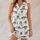 Model wearing Women's Castaway Catch Custom Face V-Neck Dress printed with kids' faces