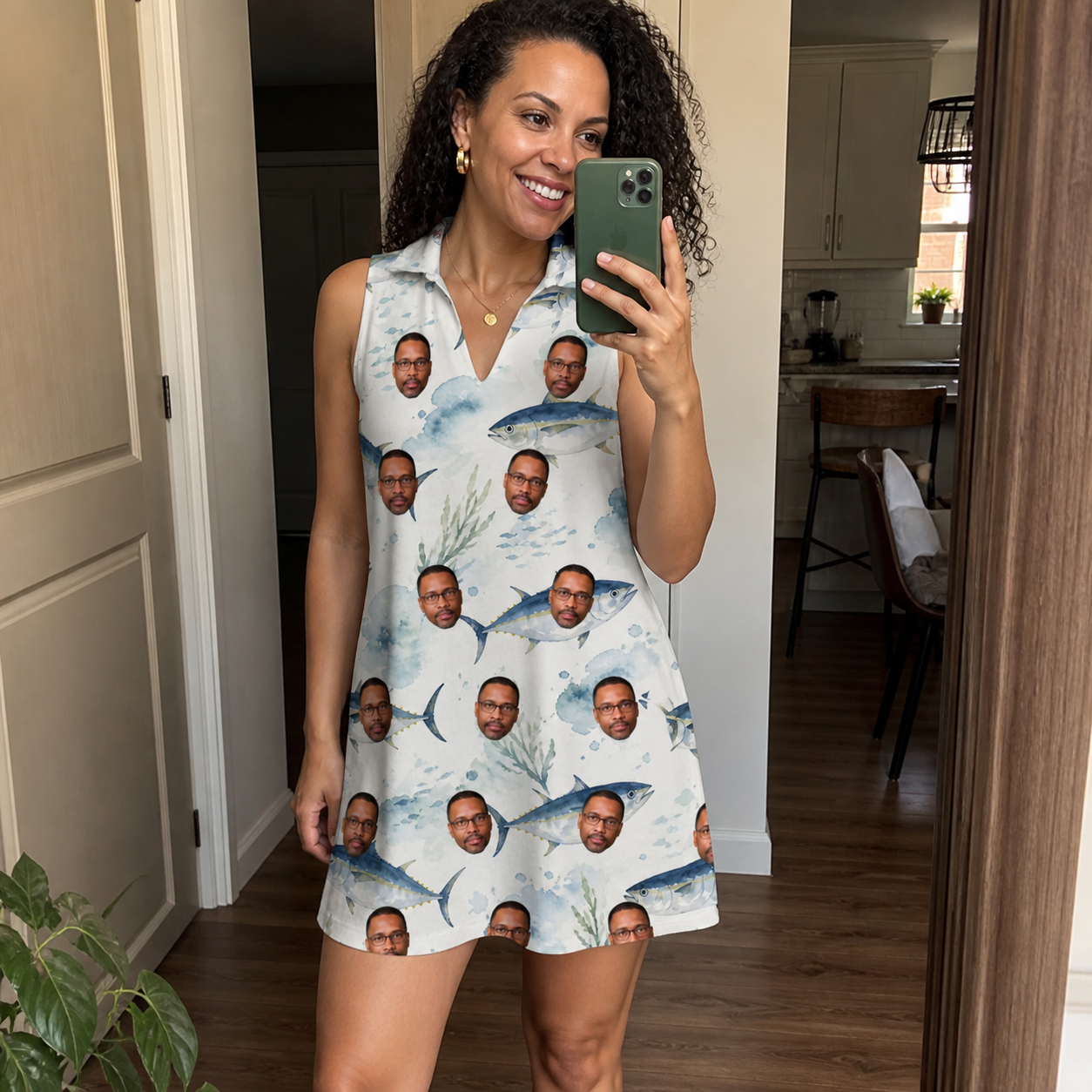Real-life photo of someone wearing Women's Castaway Catch Custom Face V-Neck Dress — custom faces printed all-over