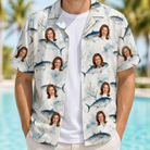 Man wearing Men's Castaway Catch Custom Face Hawaiian Shirt open over a white tee