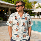 Real-life photo of someone wearing Men's Castaway Catch Custom Face Hawaiian Shirt — custom faces printed all-over