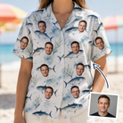Woman wearing Women's Castaway Catch Custom Face Hawaiian Shirt — custom faces printed all-over