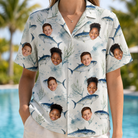 Model wearing Women's Castaway Catch Custom Face Hawaiian Shirt printed with kids' faces