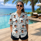 Real-life photo of someone wearing Women's Castaway Catch Custom Face Hawaiian Shirt — custom faces printed all-over