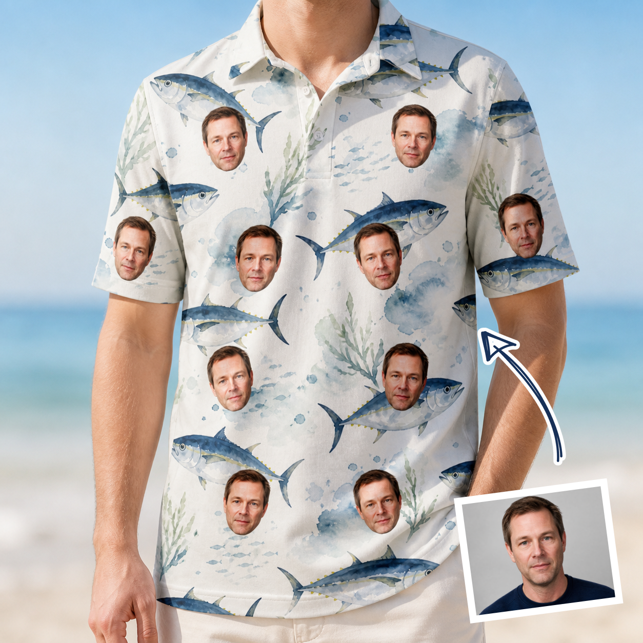 Man wearing Men's Castaway Catch Custom Face Polo Shirt — custom faces printed all-over
