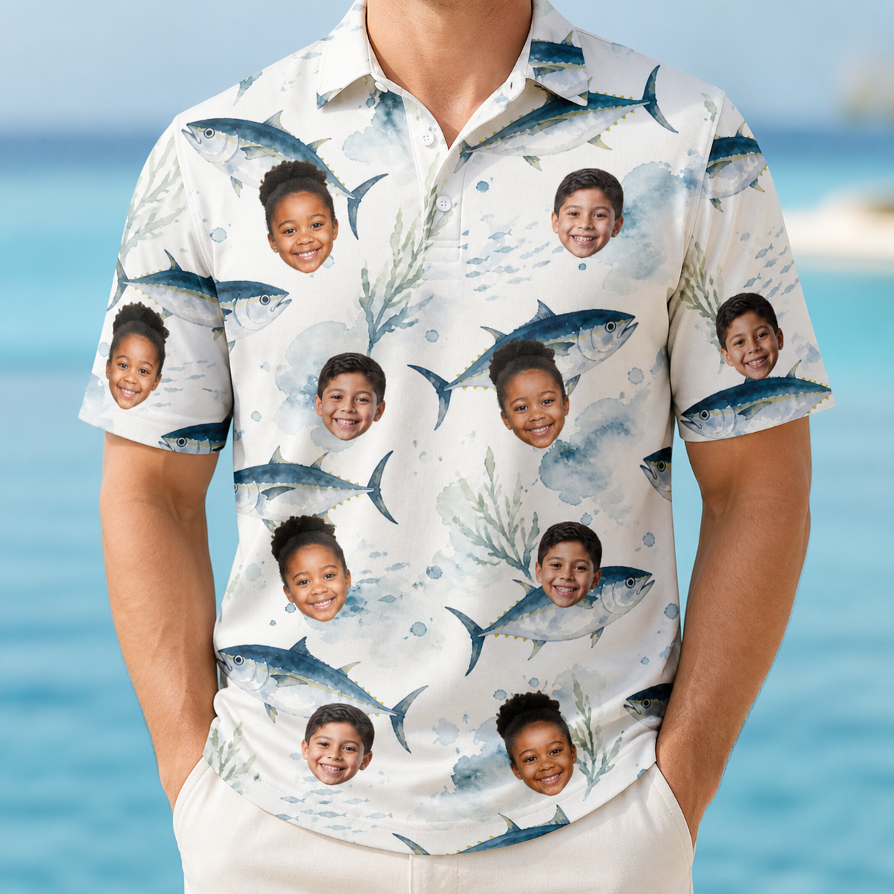 Model wearing Men's Castaway Catch Custom Face Polo Shirt printed with kids' faces
