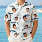 Model wearing Men's Castaway Catch Custom Face Polo Shirt printed with kids' faces