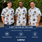 Friends in matching Men's Castaway Catch Custom Face Polo Shirt — a group gift photo