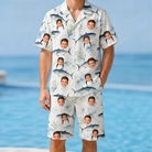 Model wearing Men's Castaway Catch Custom Face Shirt & Shorts Set printed with kids' faces