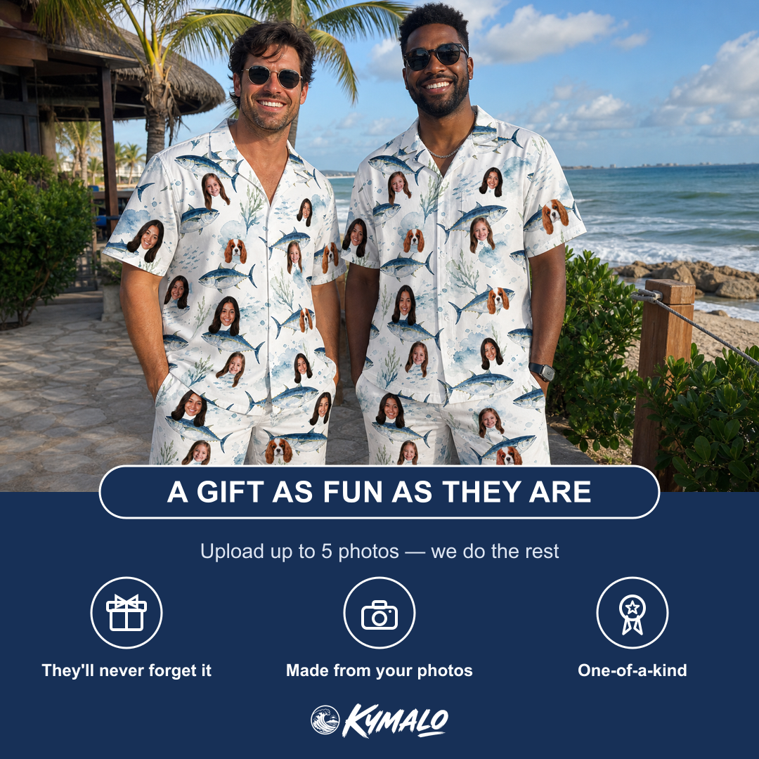 Friends in matching Men's Castaway Catch Custom Face Shirt & Shorts Set — a group gift photo