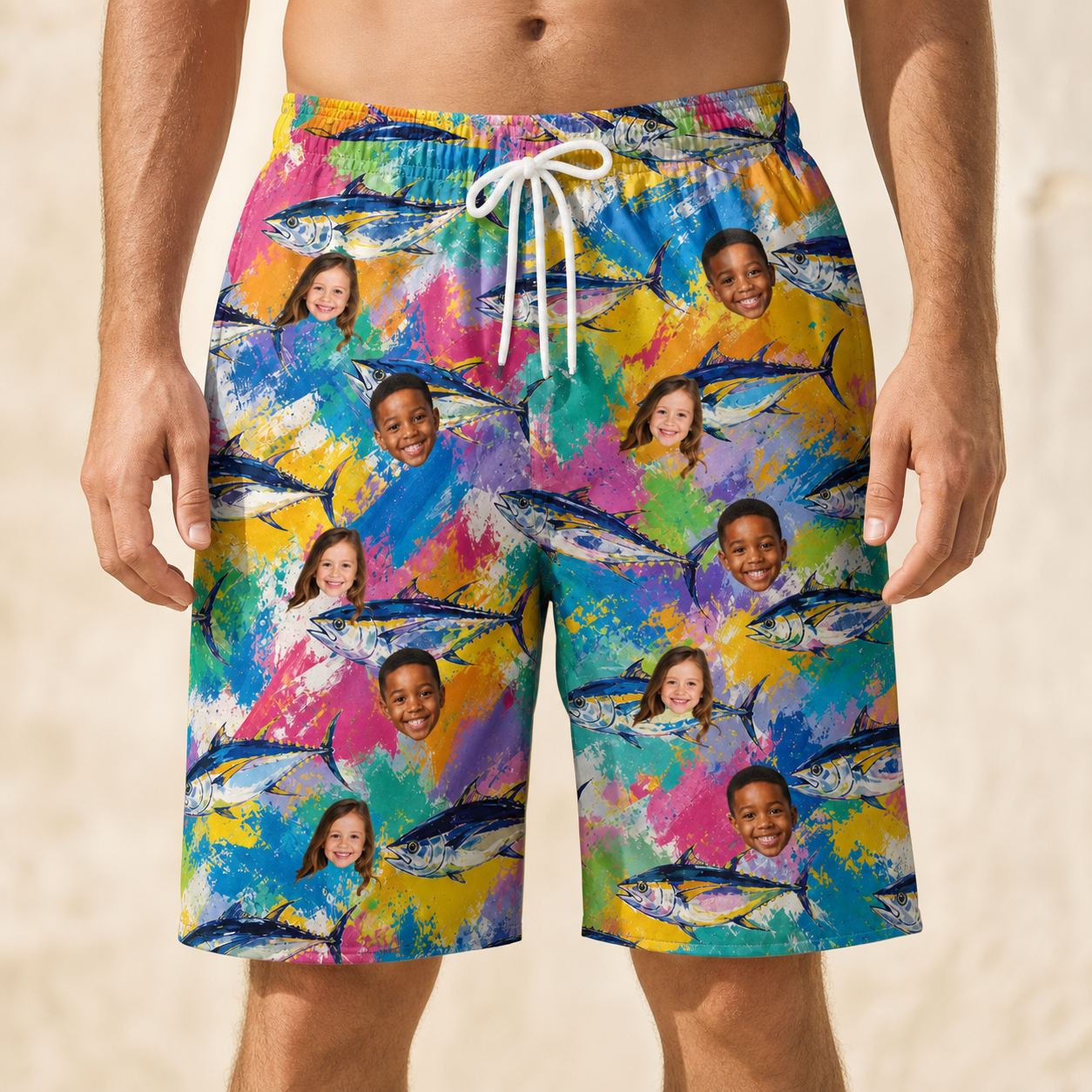 Model wearing Men's Sushi Safari Custom Face Beach Shorts printed with kids' faces