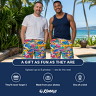 Friends in matching Men's Sushi Safari Custom Face Beach Shorts — a group gift photo