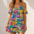 Model wearing Women's Sushi Safari Custom Face Off-Shoulder Dress printed with kids' faces